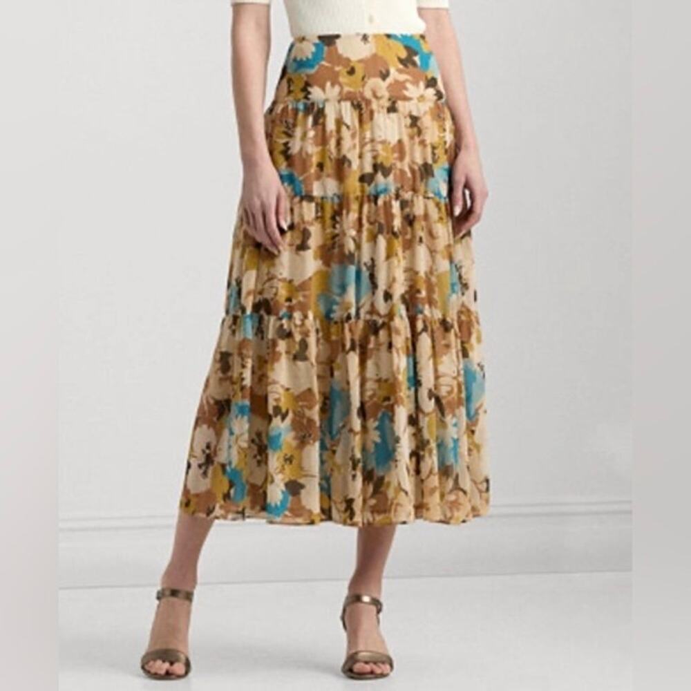 Lauren Ralph Lauren Floral Georgette Tiered Midi Skirt Tan Brown Blue Size 6